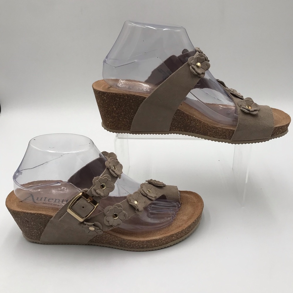 Authentic Taupe Floral Wedge Sandals